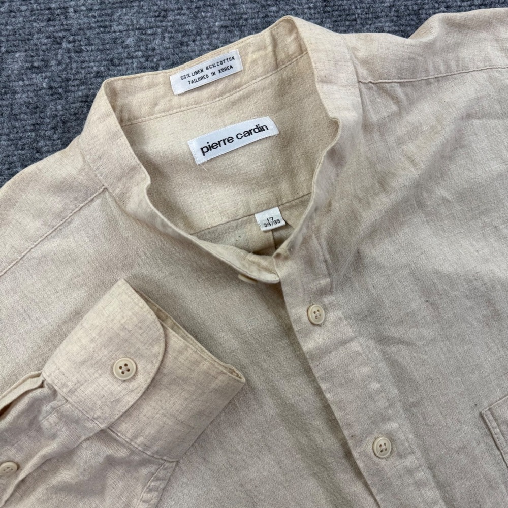 Pierre Cardin Band Collar Shirt 17 34/35 Beige Linen Cotton Blend Women's